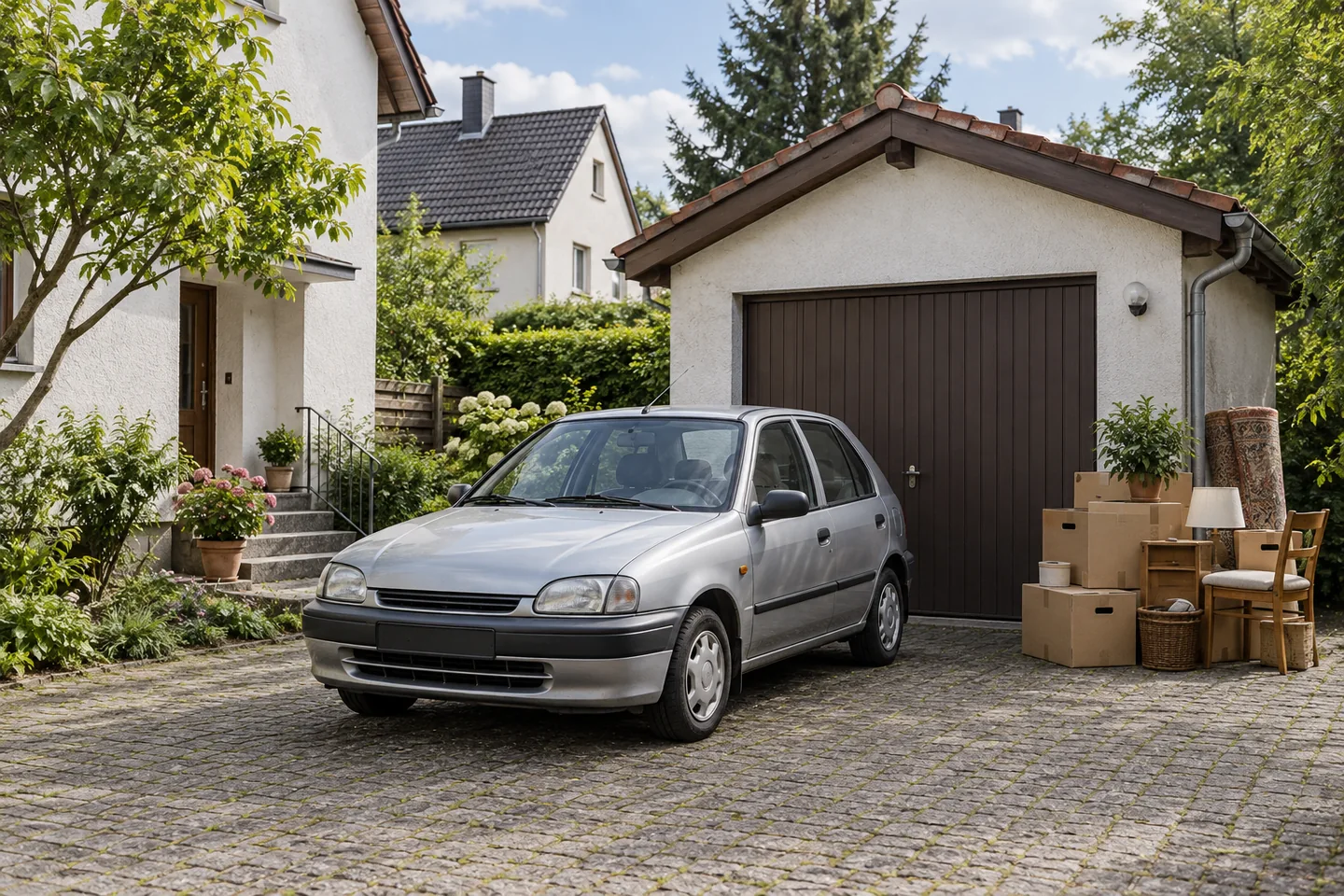 Beispielfoto: Gebrauchtwagen vor einer Garage bei einer Haushaltsauflösung