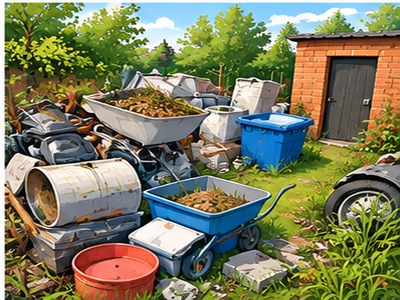 Gartenfläche mit Gegenständen vor der Grundstücksräumung
