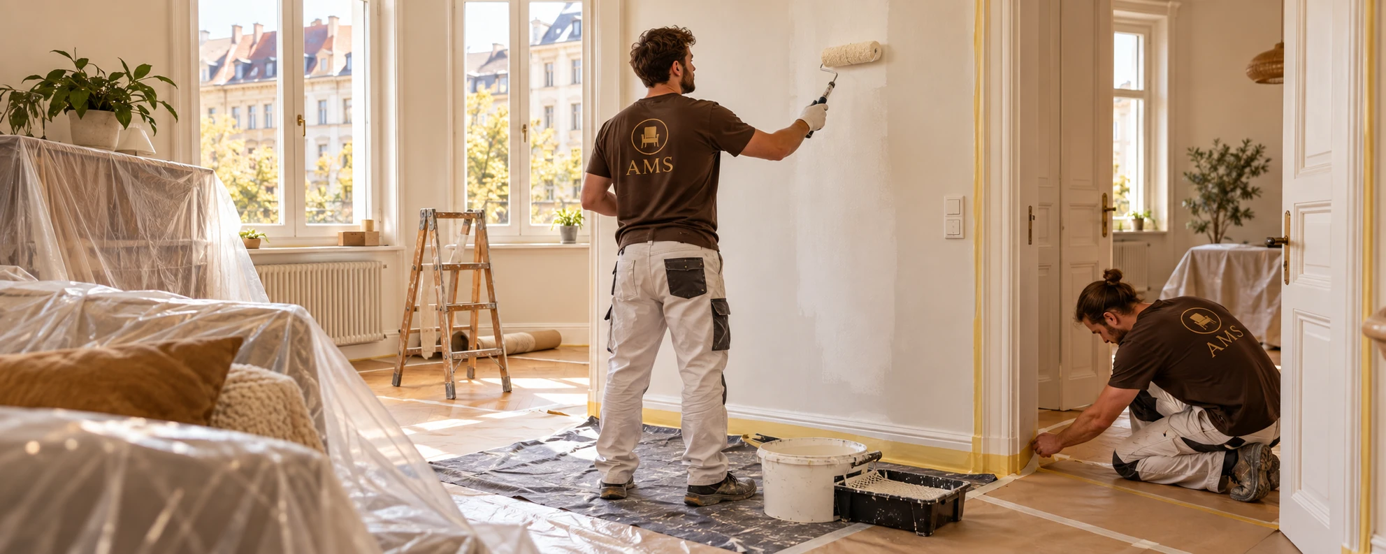 Illustratives Motiv: Personen in AMS-Arbeitskleidung streichen eine Wand und decken den Boden vor der Renovierung ab
