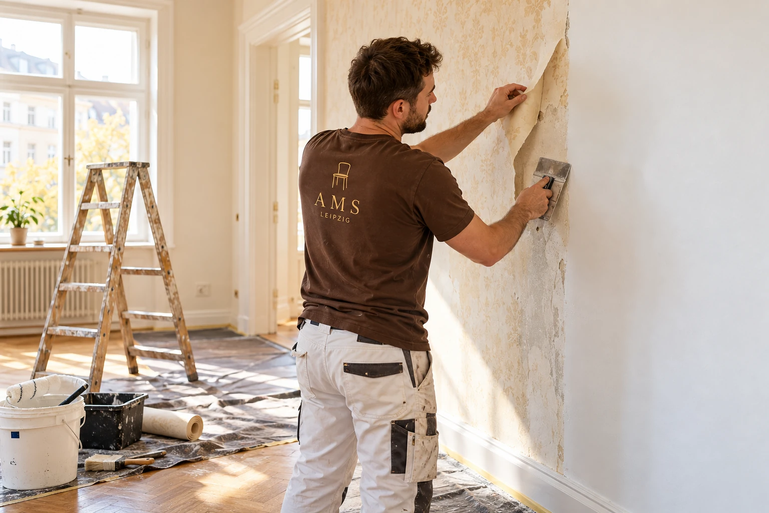 Illustratives Motiv: AMS-Arbeitskleidung beim Entfernen alter Tapete und Vorbereiten einer Wand